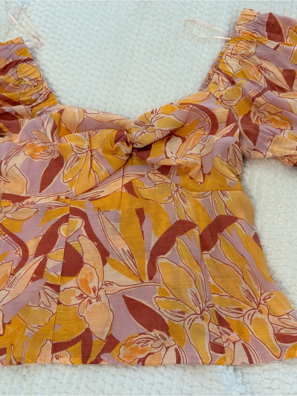 Nine West Floral Off-Shoulder Tie-Front Crop Top in Mustard & Mauve